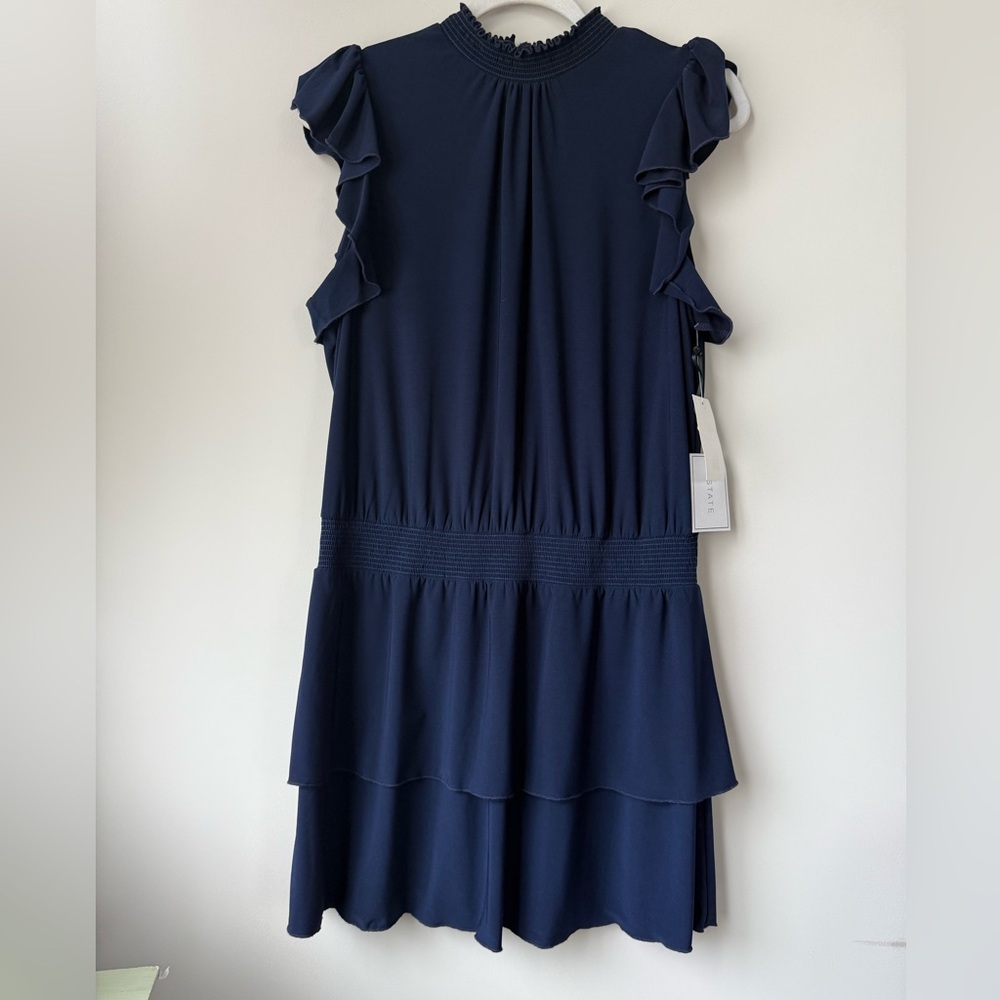 1. STATE Women’s Mock Neck Navy Flutter Sleeve Drop Waist Dress - L - Picture 2 of 6